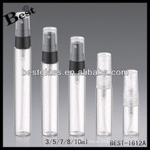 Botella de cristal clara de 3ml / 5ml / 7ml, botella de cristal del tubo con el rociador plástico, muestras del perfume disponibles